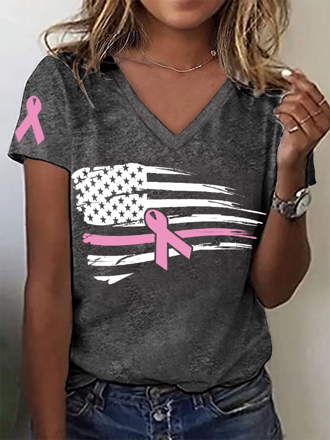 Women's Pink Ribbon Breast Cancer Awareness American Flag V-Neck Tee