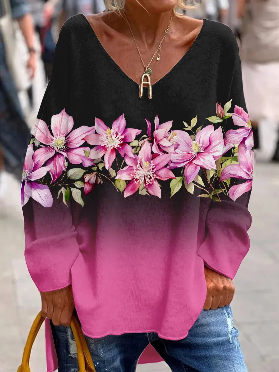 Women's Breast Cancer Awareness Pink Floral Printed Casual V-Neck Top