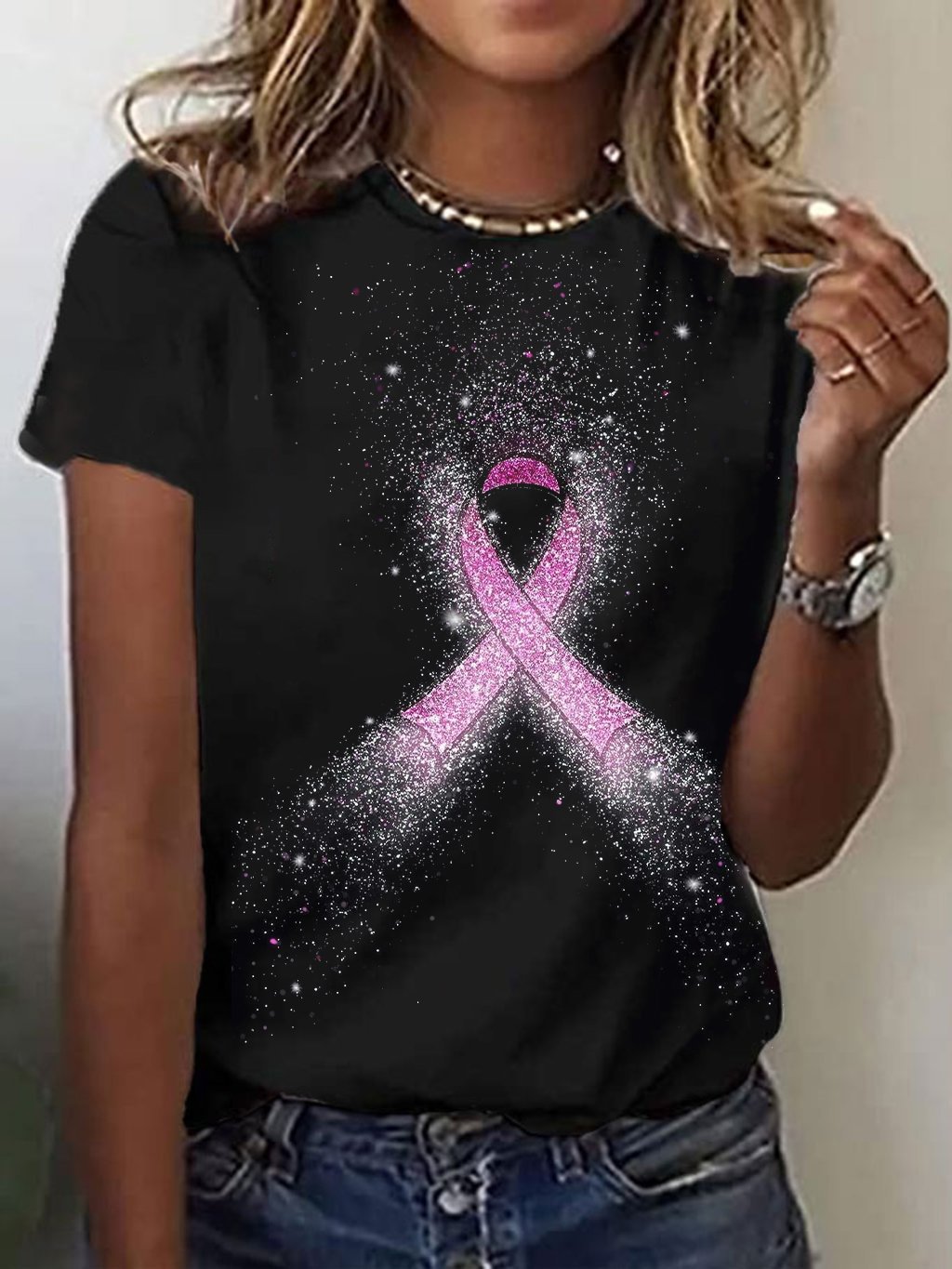 Women's Pink Ribbon Breast Cancer Awareness Print T-Shirt