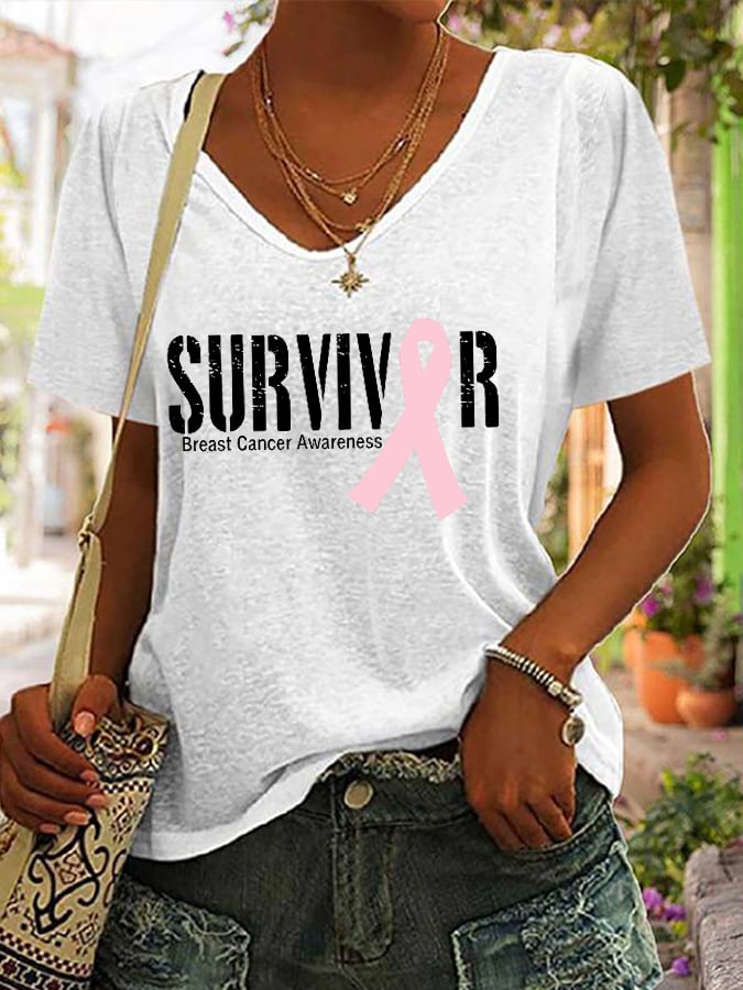 Women's Breast Cancer SURVIVOR Ribbon Print T-Shirt