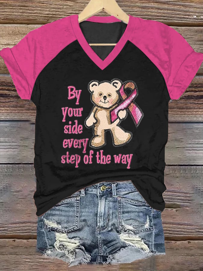 Women's By Your Side Every Step Of The Way Breast Cancer Awareness Print Casual V-Neck T-Shirt