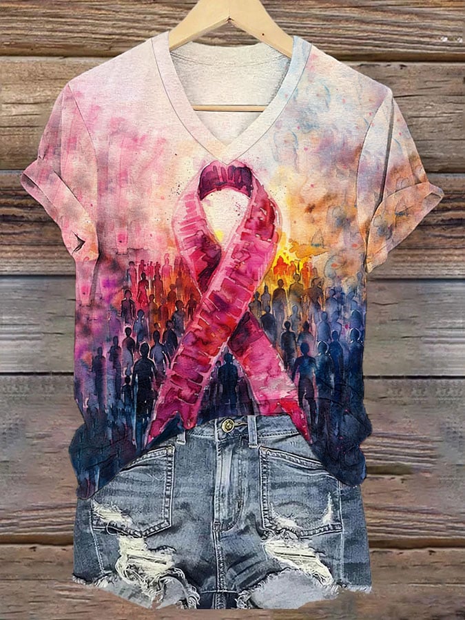 Women's Breast Cancer Pink Ribbon Print V Neck T-Shirt
