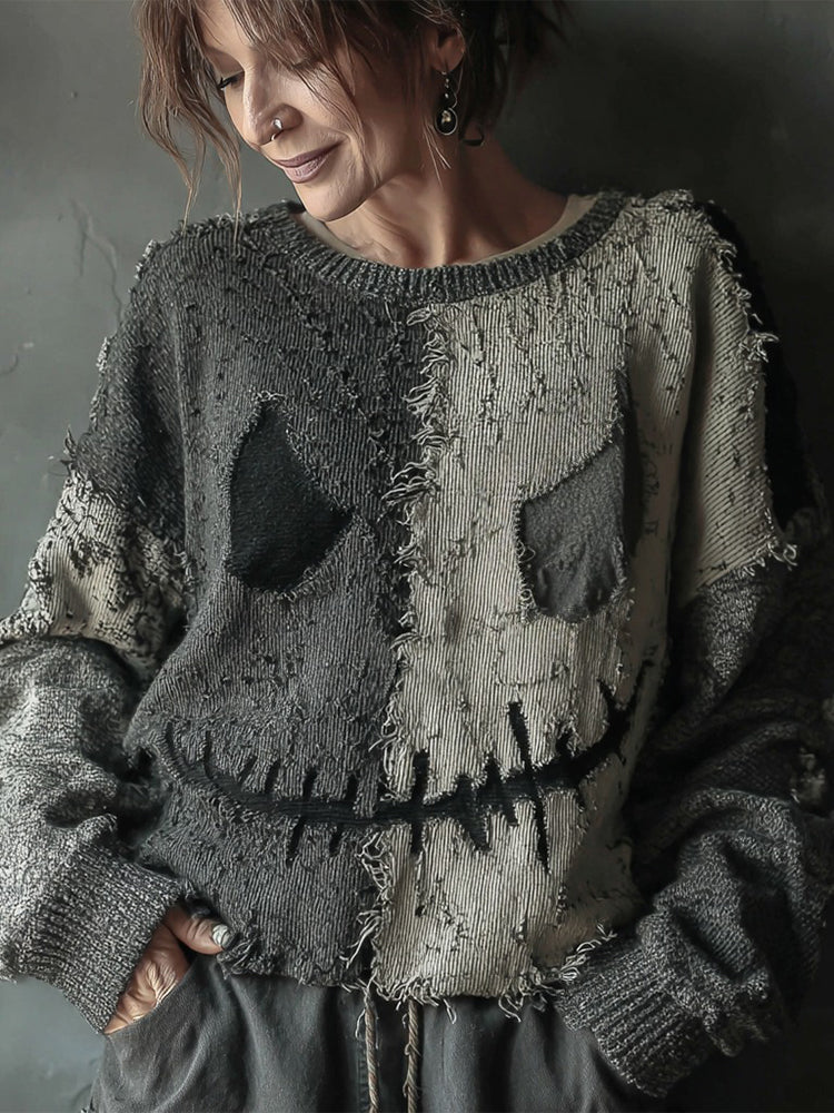 Halloween Spooky Face Sewn Knitted Crew Neck Sweater