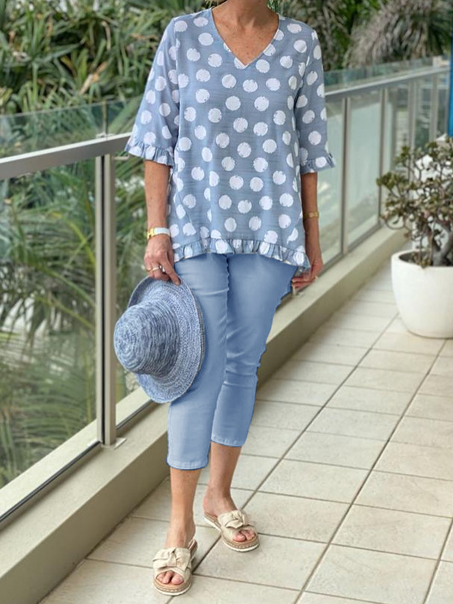 Casual V Neck Polka Dots Printed Two-Piece Set