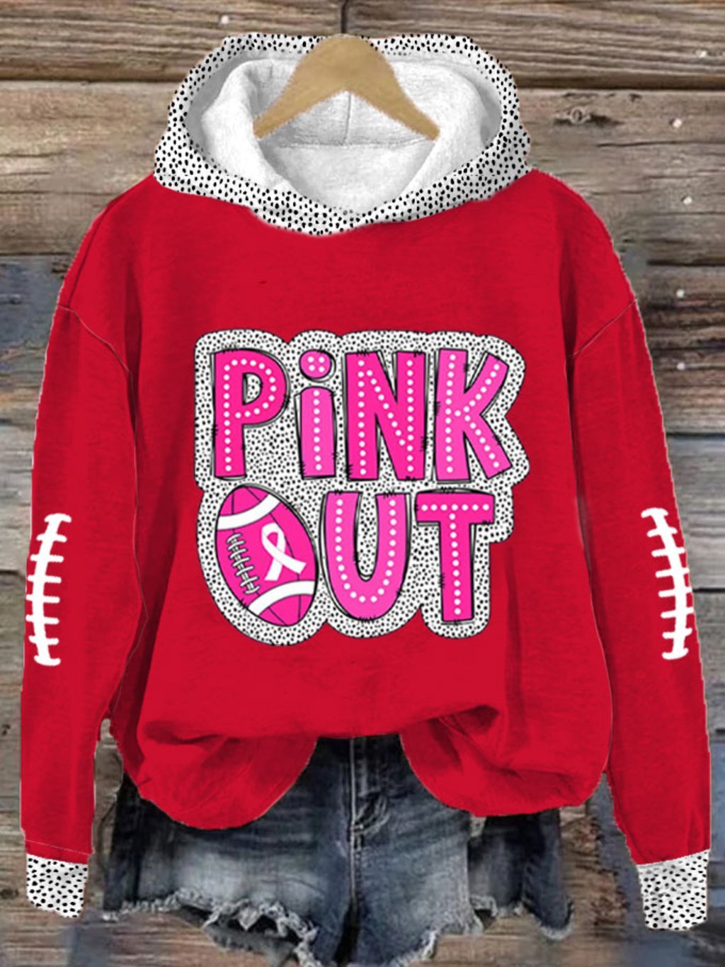 Women's Pink Out Football Breast Cancer Print Hooded Sweatshirt