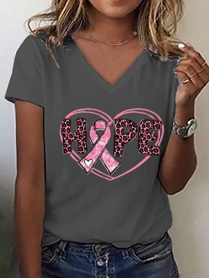 Women's Breast Cancer Awareness Hope Print V-Neck Tee