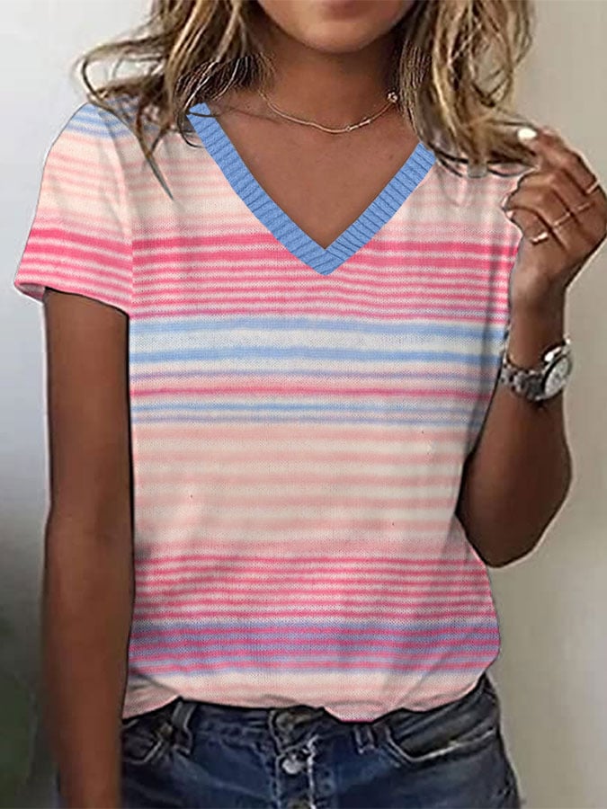 Women's Breast Cancer Pink Stripe Print V Neck T-Shirt