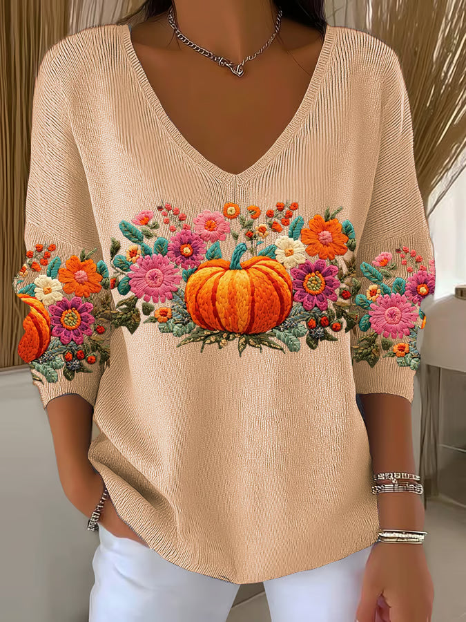 Women's Pumpkin Print Casual Striped Fabric Long Sleeve T-shirt