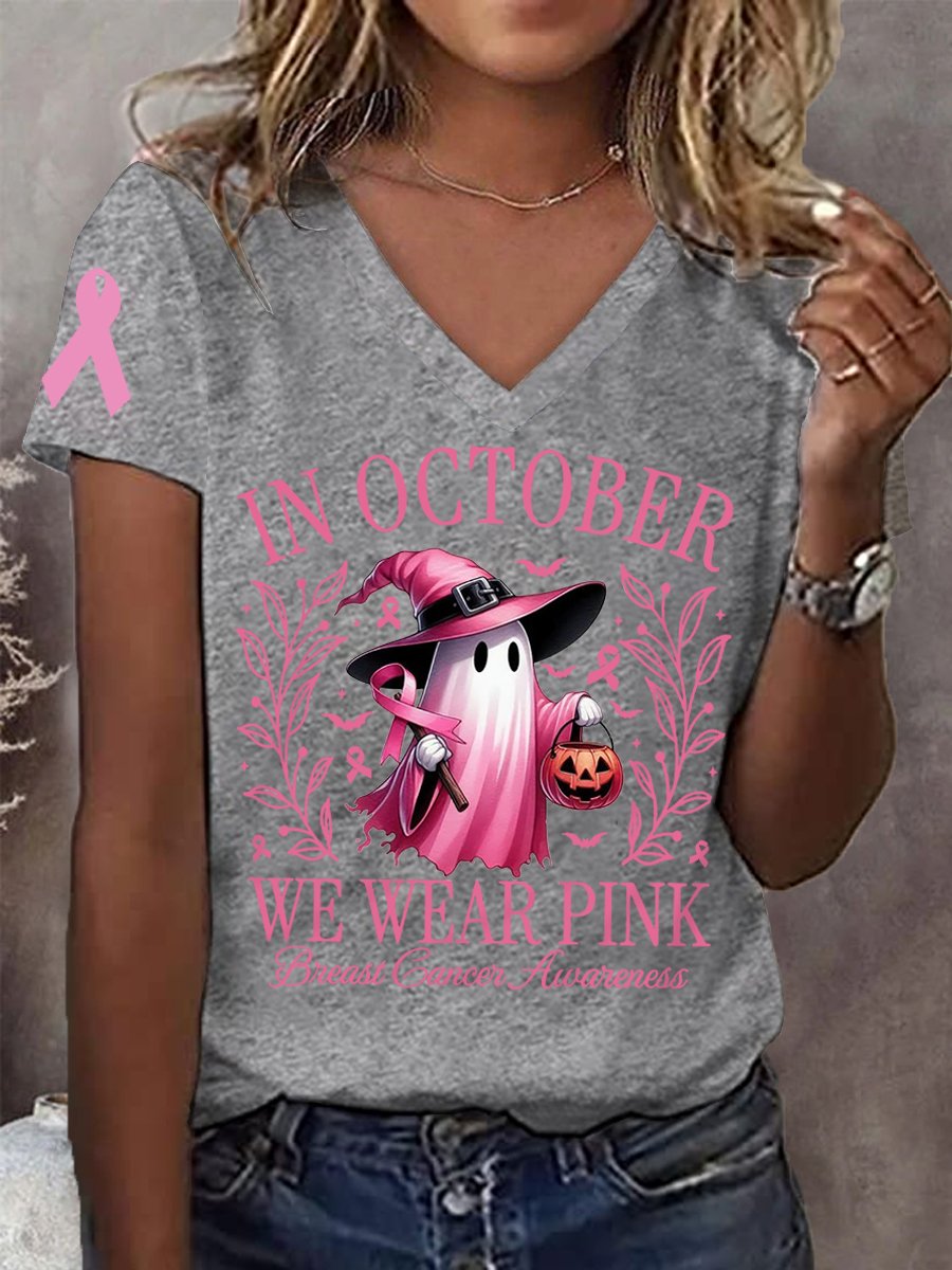 Women's In October We Wear Pink Halloween Ghost Breast Cancer Awareness Warrior V-Neck Tee