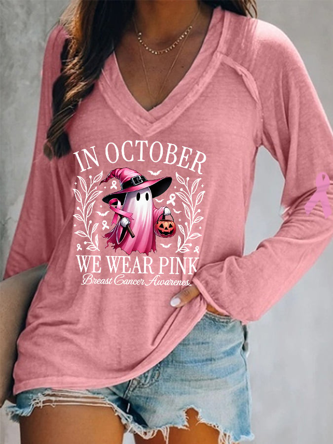 Women's In October We Wear Pink Halloween Ghost Breast Cancer Awareness Warrior Long-Sleeve Top