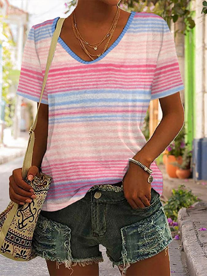 Women's Breast Cancer Pink Stripe Print V Neck T-Shirt