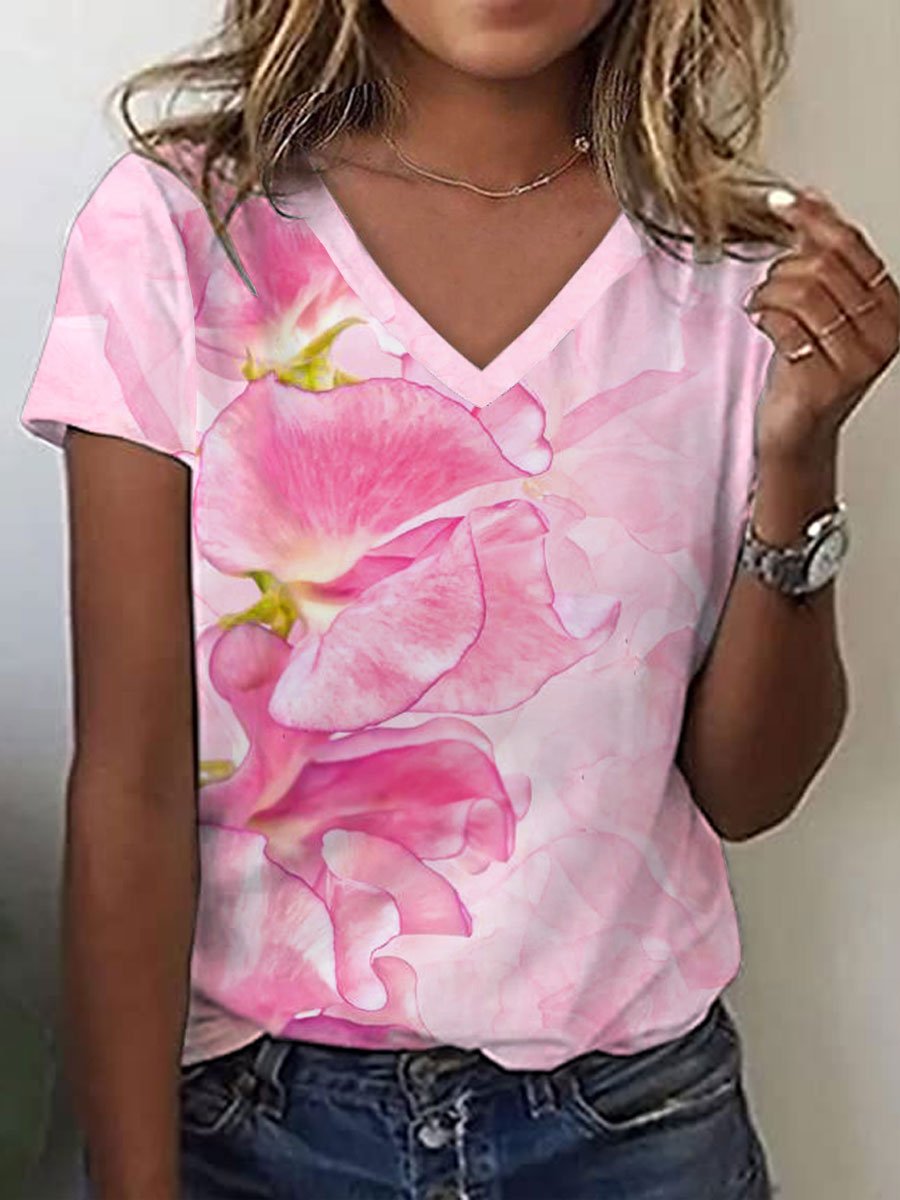 Womens Breast Cancer Awareness Pink Floral Print V Neck Tee