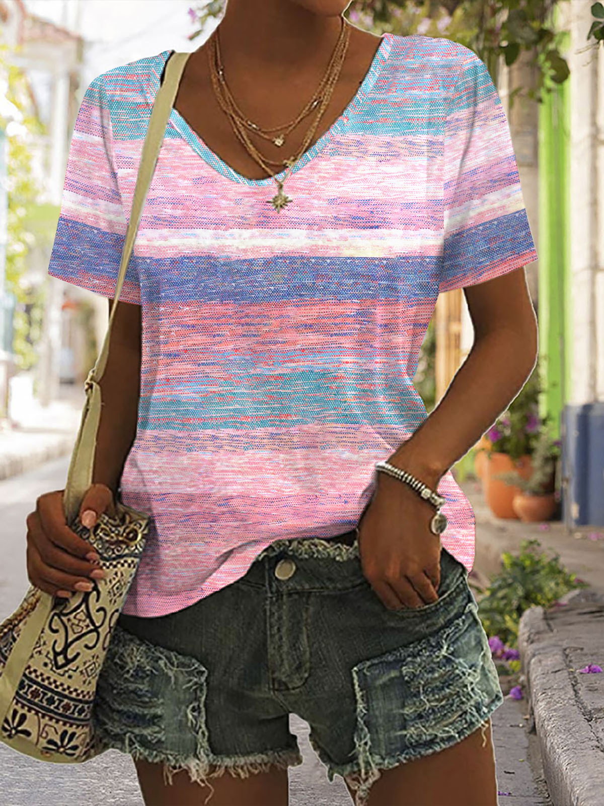 Women's Breast Cancer Awareness Print V Neck T-shirt