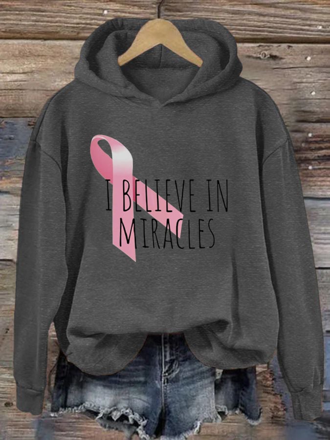 Women's We Believe in Miracles Breast Cancer Awarenes Printed Hoodie