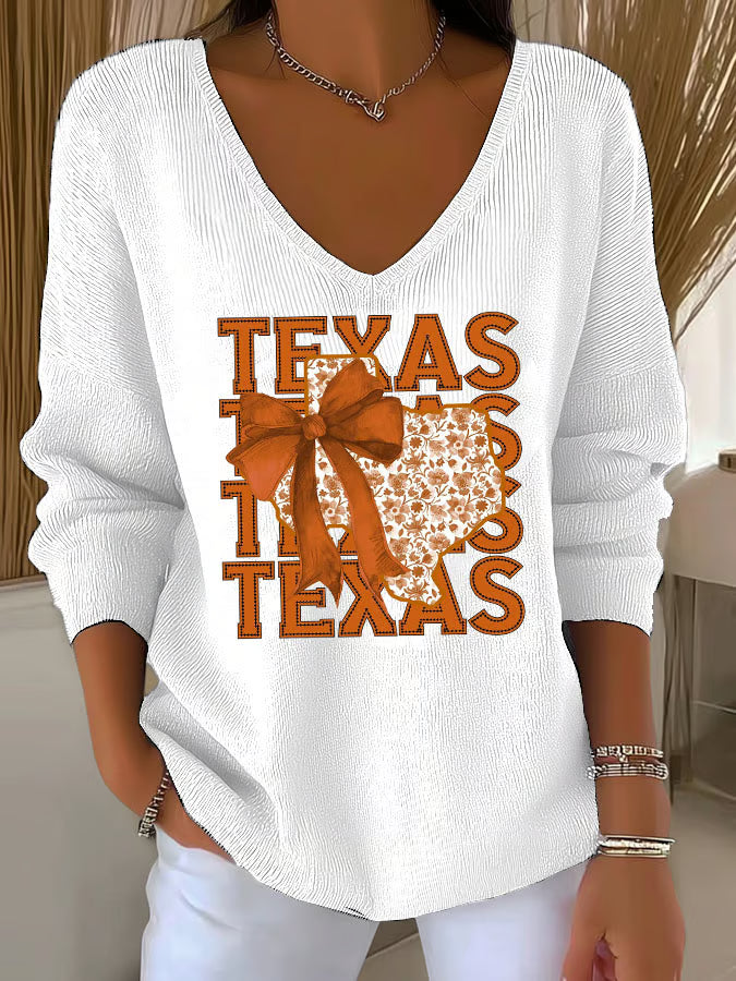 Women's Retro Burnt Orange Texas Coquette Bow Print Knitted Top
