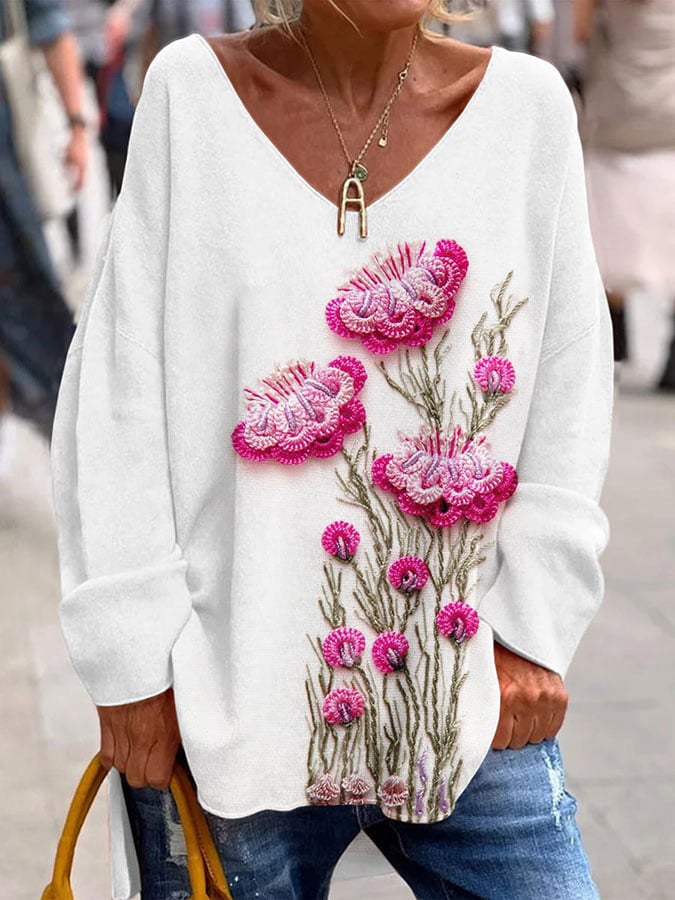 Women's Breast Cancer Awareness Month Floral Print V Neck T-shirt