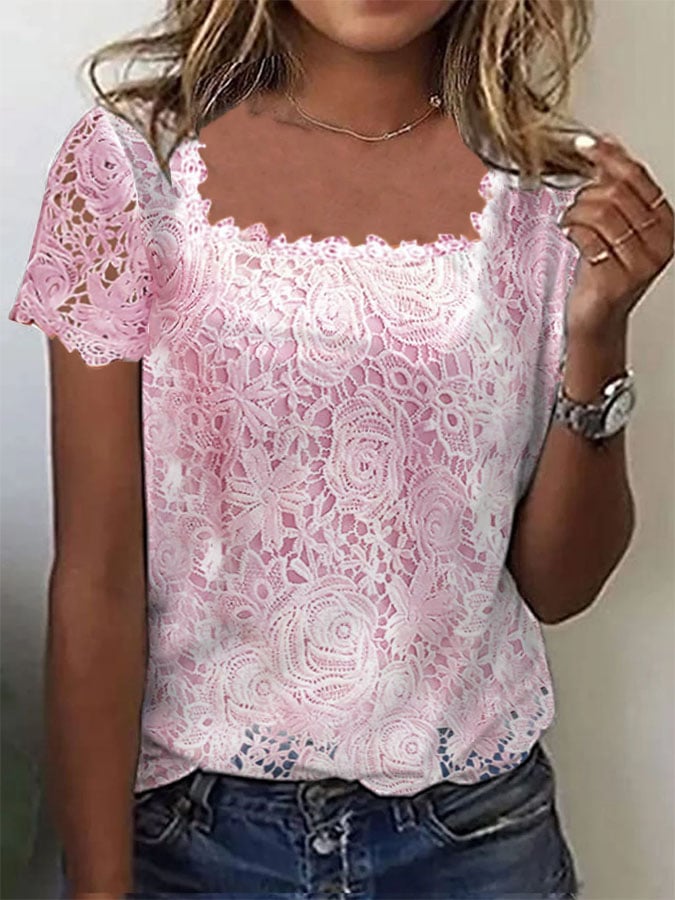 Women's Fashion Solid Color Square Neck Lace Top