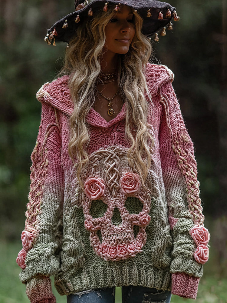 Women's Vintage Viking Tribal Jacquard Celtic With Rose And Skull Inspired Chunky Knit Hooded Sweater