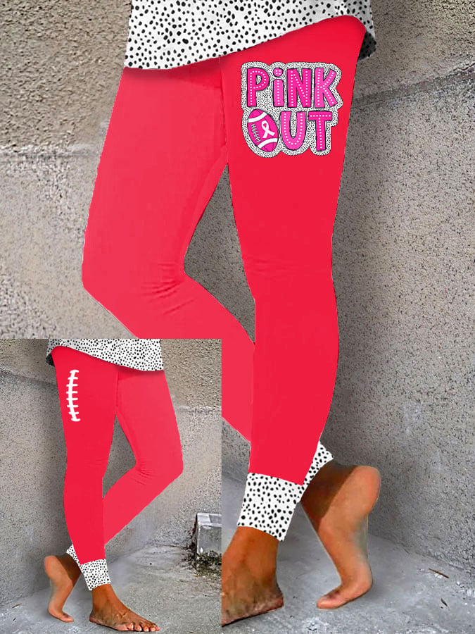 Women's Pink Out Football Breast Cancer Printed Yoga Leggings