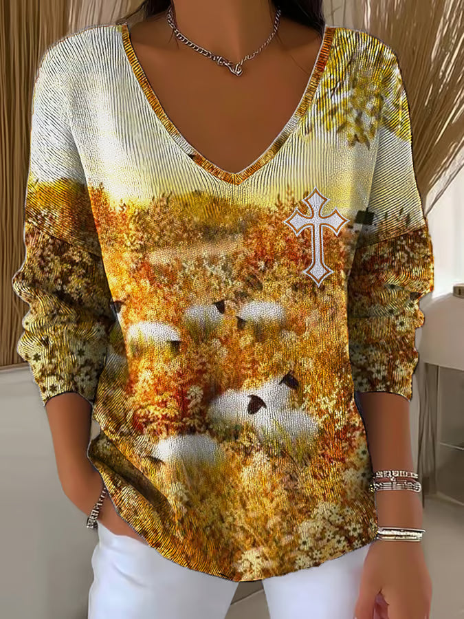 Women's Casual Autumn Wheat Field Sheep Faith Cross Pattern Print Long Sleeve T-shirt