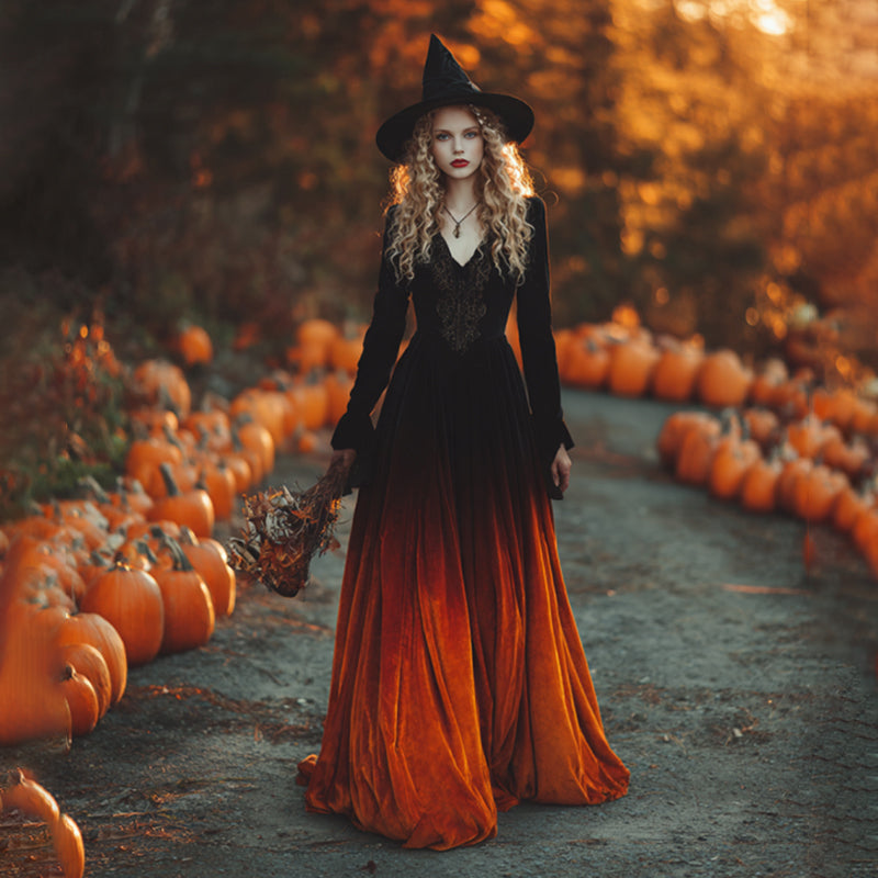 Women's Vintage Halloween Gradient Art Comfy Velvet Maxi Dress