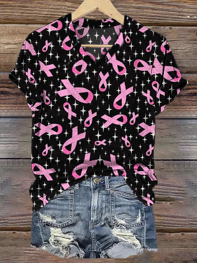 Women's Breast Cancer Awareness Pink Ribbon Print V-Neck Tee