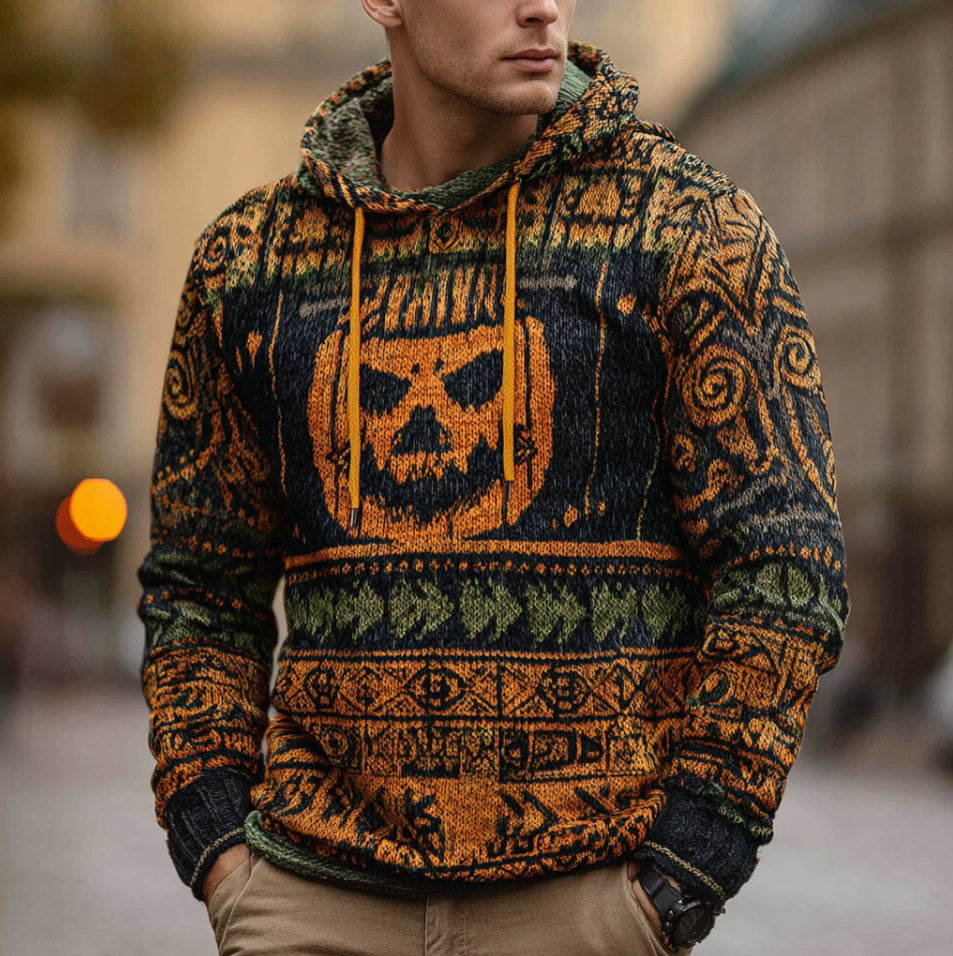 Halloween Pumpkin Element Men's Hooded Warm And Thick Warm Sweater