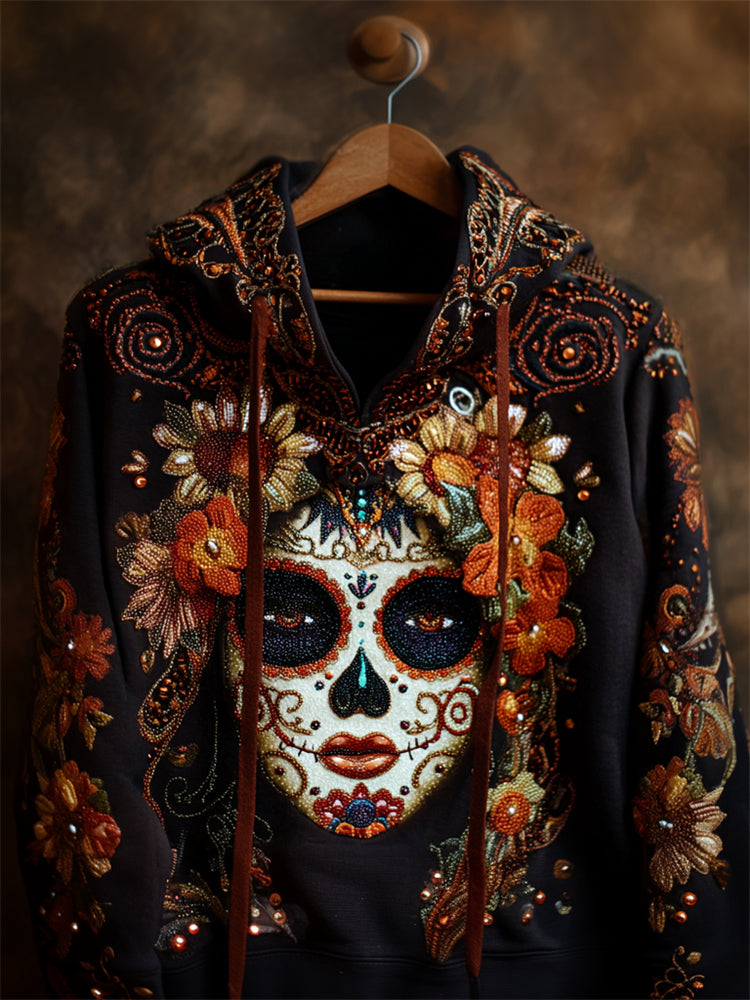 Day Of The Dead Sugar Skull Woman Floral Glitter Hoodie