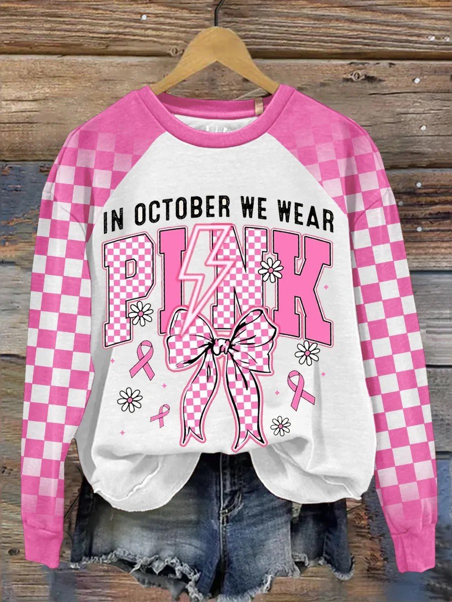 Women's Breast Cancer Awareness Month Pink Art Printed Round Neck Long Sleeve Sweatshirt