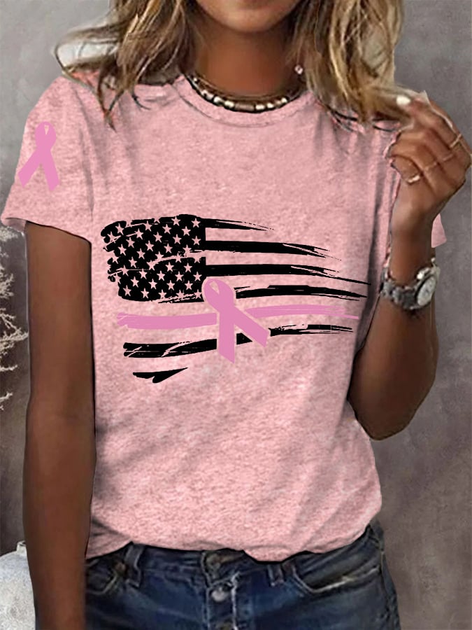 Women's Pink Ribbon Breast Cancer Awareness American Flag Tee