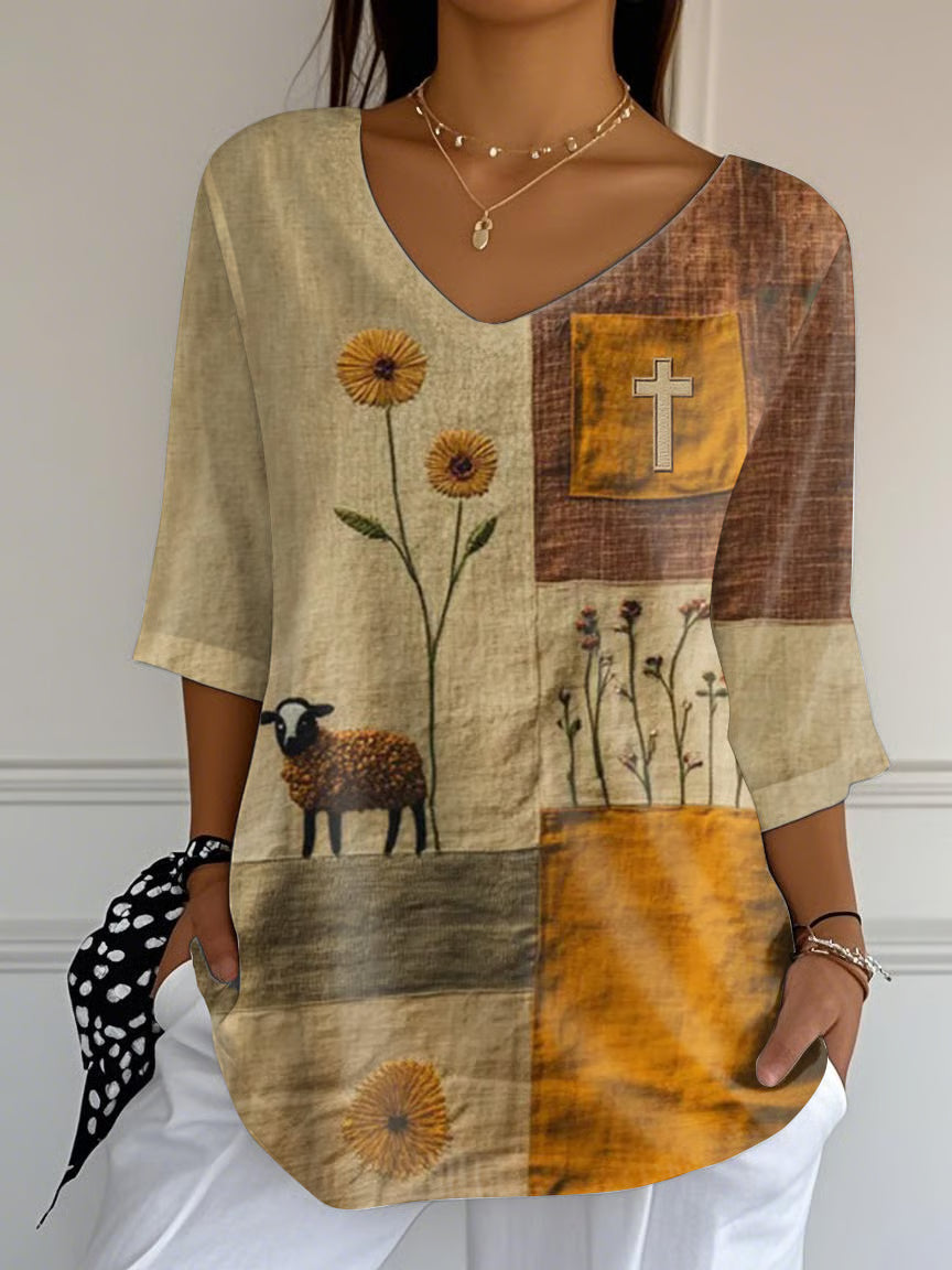 Women's Summer Cute Lamb Floral Cross Faux Embroidery Print Top