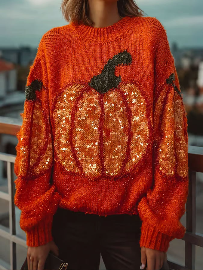 Women's Autumn Pumpkin Contrast Stitching Cozy Knit Sweater