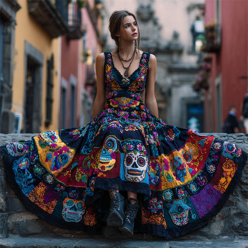 Day Of The Dead Sugar Skulls Floral Embroidered Patchwork Linen Maxi Dress