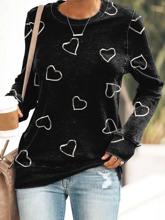 Women's Breast Cancer Awareness Heart Print Long Sleeve Casual T-Shirt