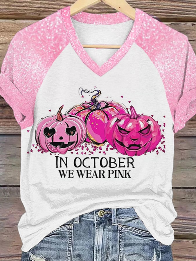 Women's In October We Wear Pink Pumpkin Breast Cancer Awareness Warrior Glitter Print V-Neck Tee