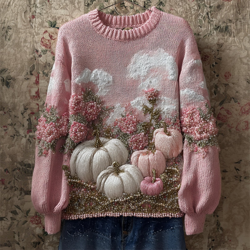 Thanksgiving Pumpkins Pink Floral Beaded Cozy Knit Sweater