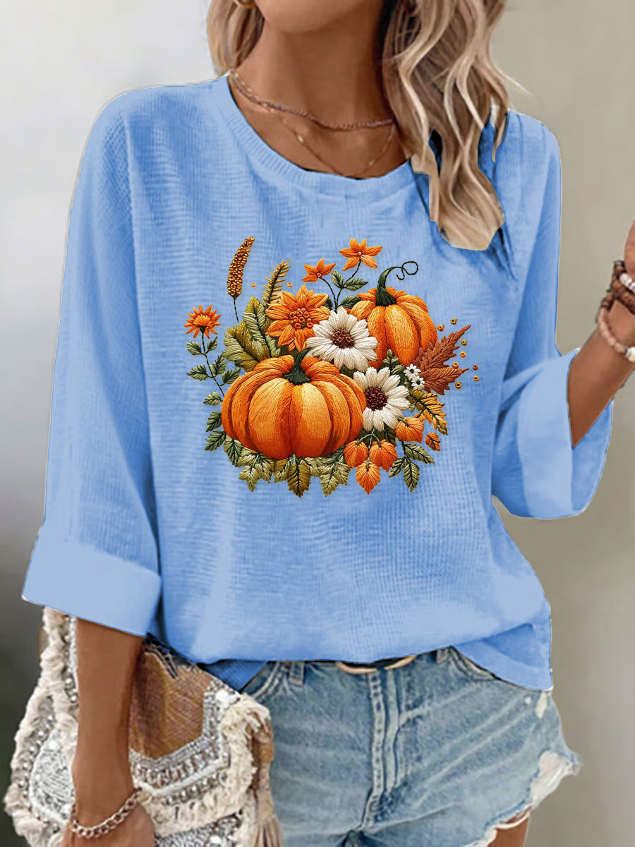 Women's Casual Autumn Pumpkin Waffle Long Sleeve T-shirt
