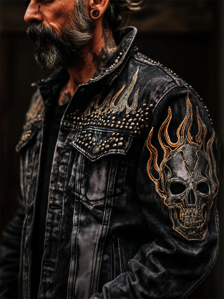 Men's Rock Skull & Flame Studded Washed Denim Jacket