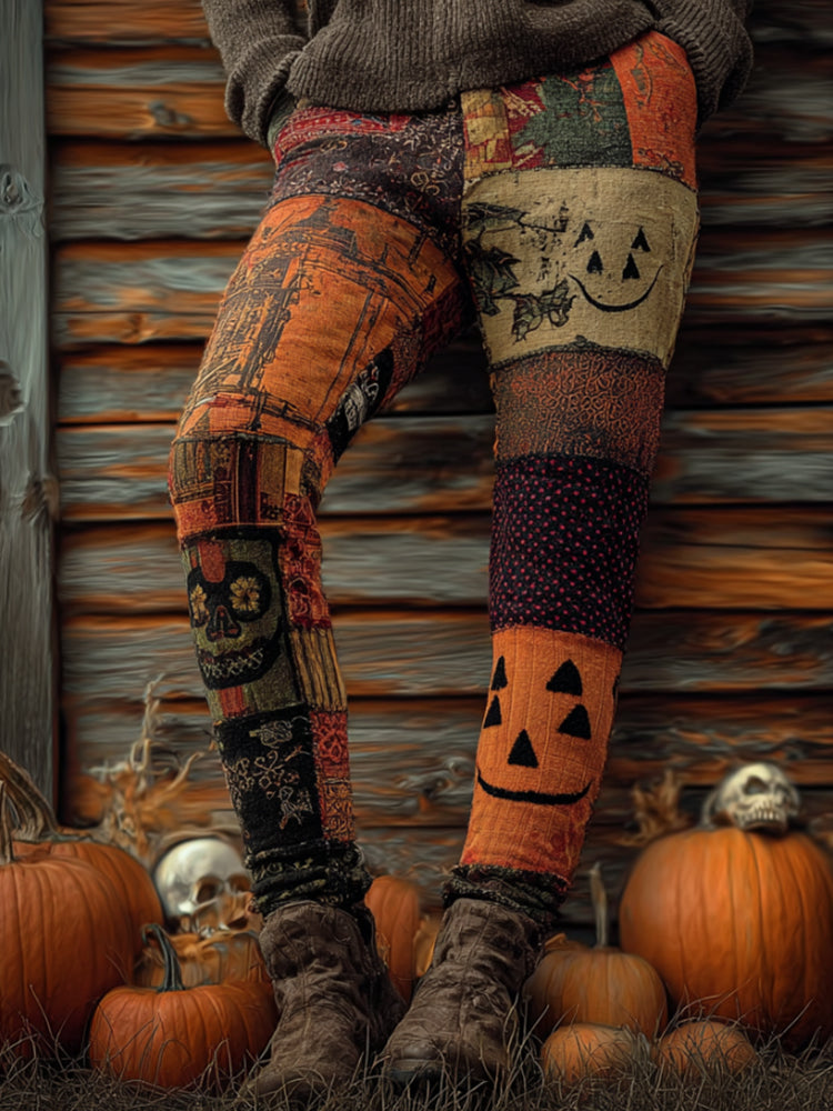 Halloween-themed Knitted Pants With A Patchwork Of Pumpkin-colored Blocks