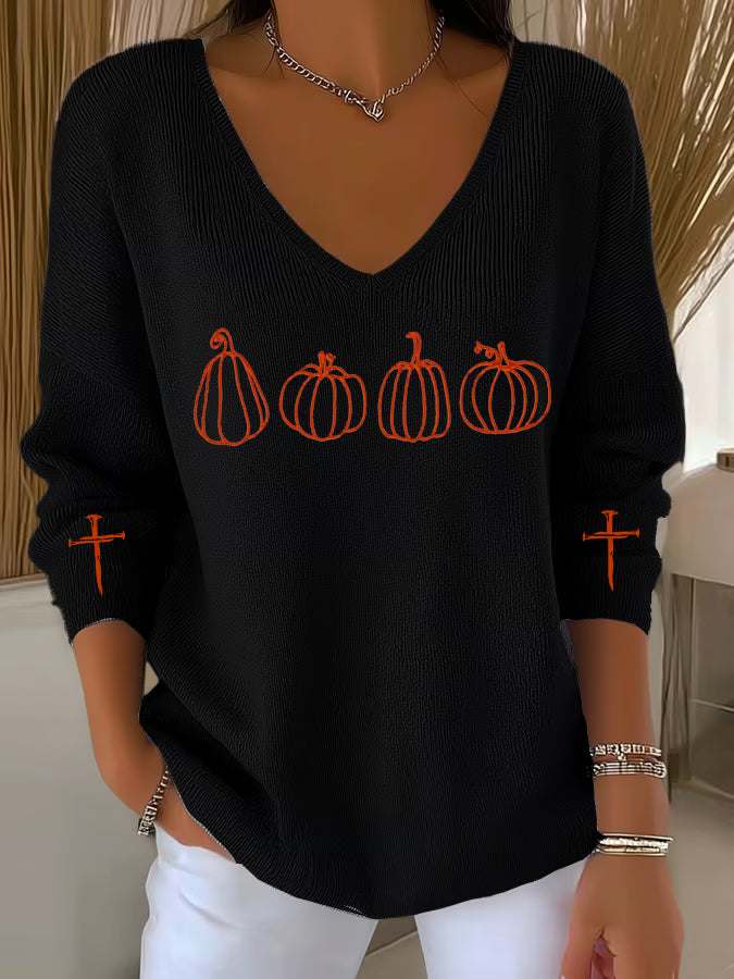 Women's Pumpkin Faith Print Casual Striped Fabric Long Sleeve T-Shirt