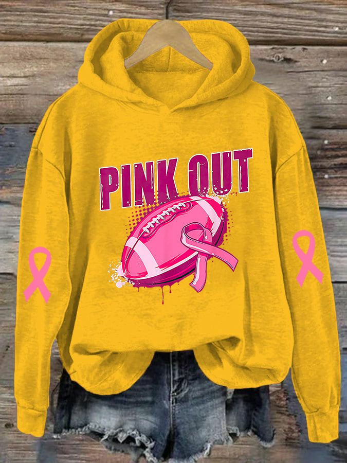 Women's Pink Out Breast Cancer Football Print Casual Hoodie