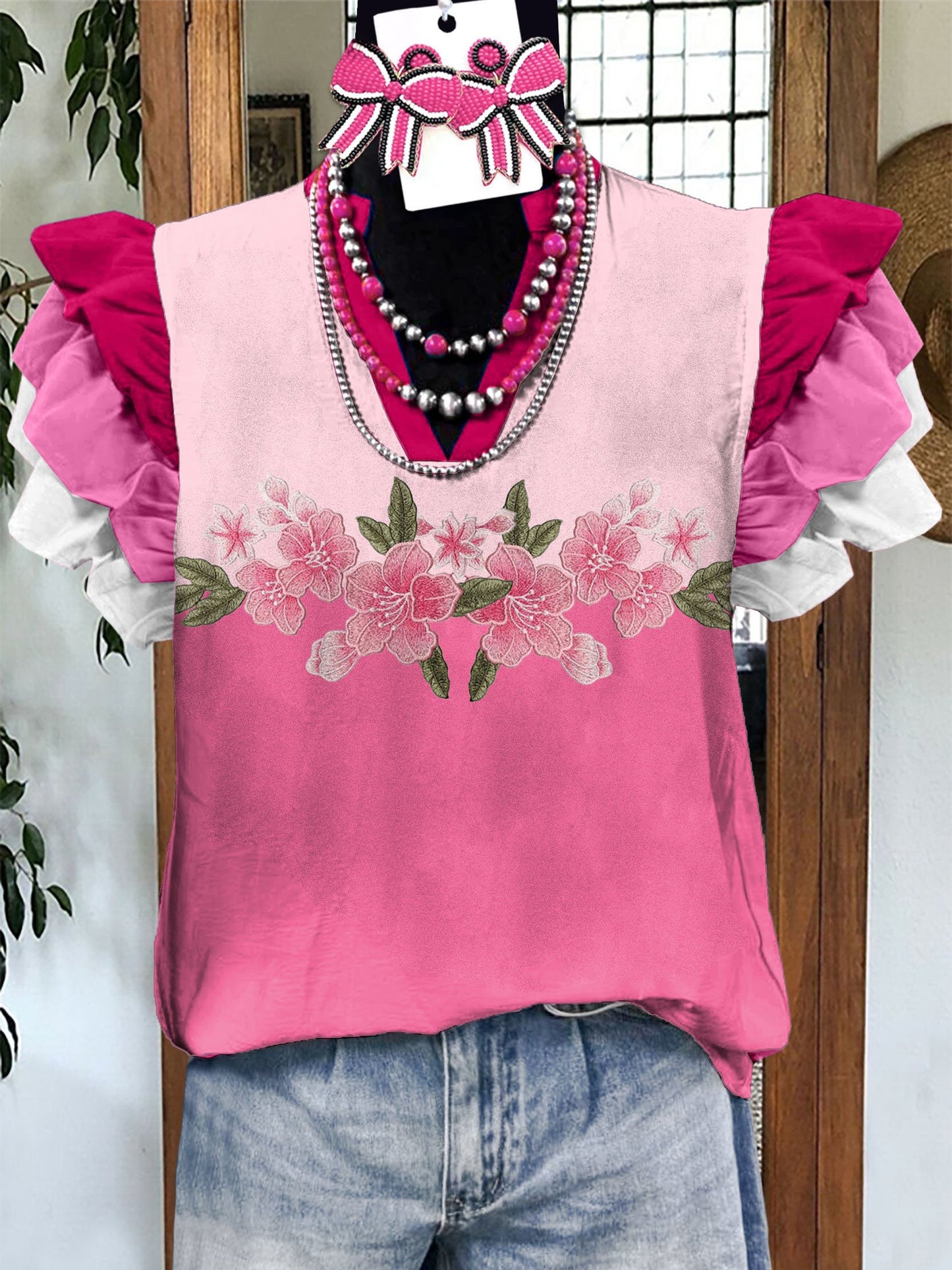 Women'S Floral Butterfly Sleeve Printed Top