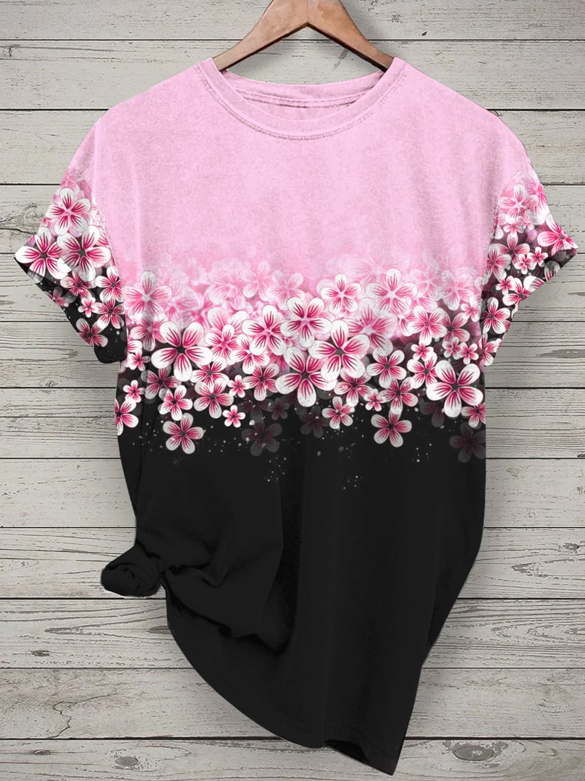 Women'S Pink Floral Breast Cancer Awareness Printed T-Shirt