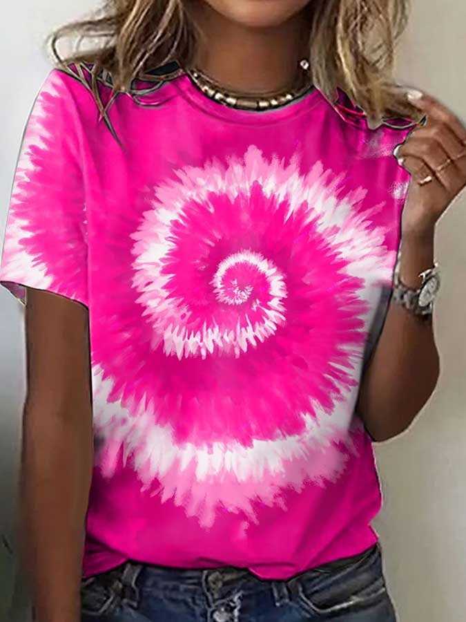 Women's Breast Awareness Pink Tie-Dye Printed Short-Sleeved T-Shirt