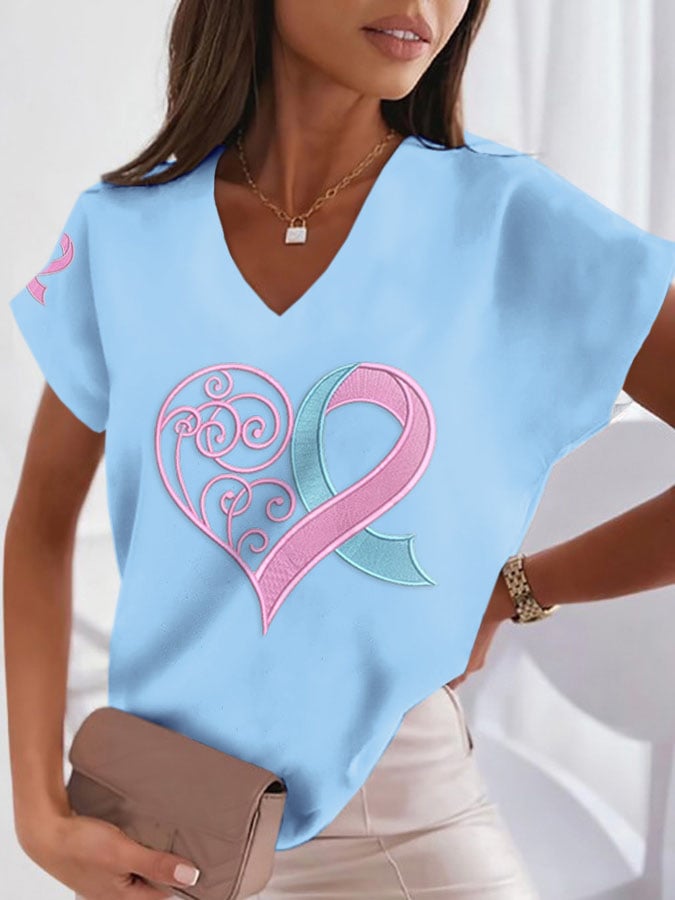 Women's Breast Cancer Print Heart Pink Ribbon Short Sleeve T-Shirt