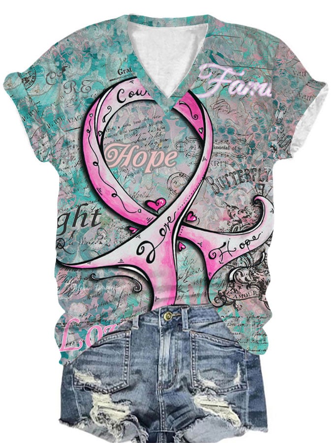 Women's hope fight family love pink ribbon V-neck T-shirt