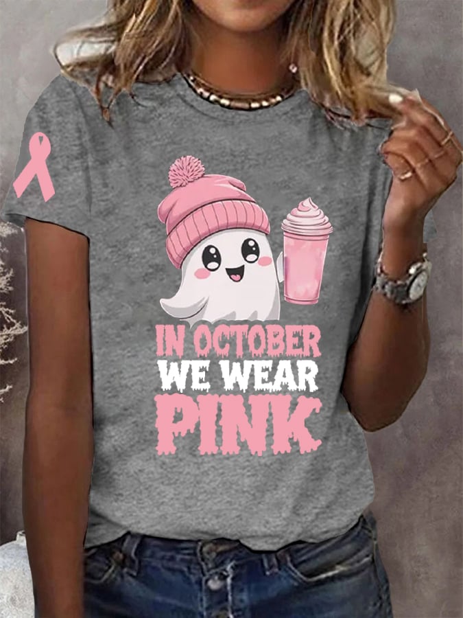 Women's In October We Wear Pink Halloween Ghost Breast Cancer Awareness Warrior Tee