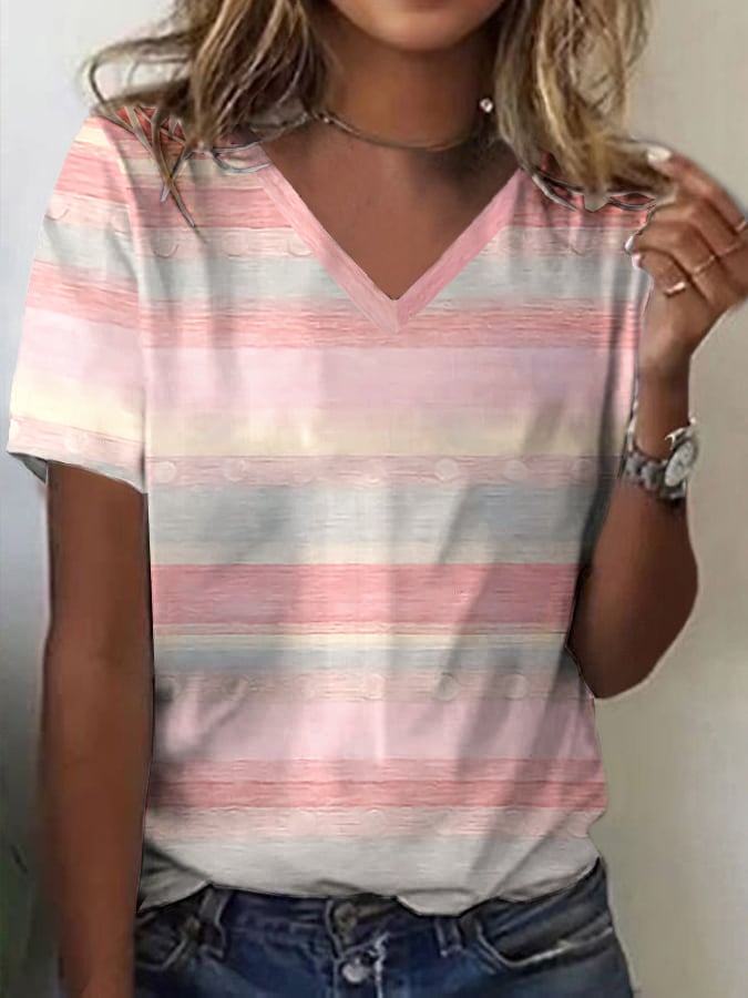 Women's Breast Pink Stripe Print Casual V-Neck T-Shirt