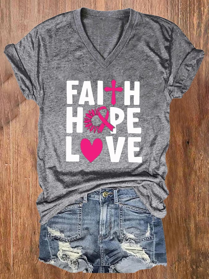Women'S Breast Cancer Awareness Faith Hope Love Printed T-Shirt