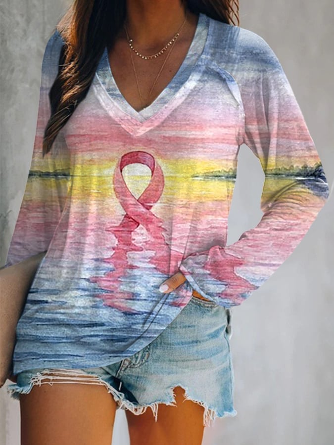 Women's Breast Cancer Print Casual Long Sleeve T-Shirt